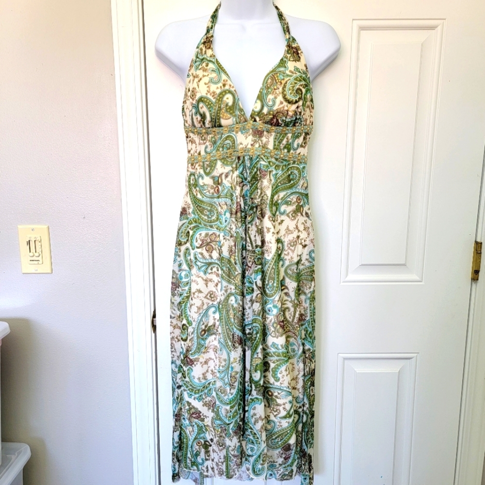 Ruby Rox Vintage 90s Y2K Lined Halter Dress Green Cream Paisley Gold Trim Size M
